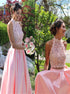 Pink Two Piece Open Back Satin Appliques Prom Dress LBQ2348
